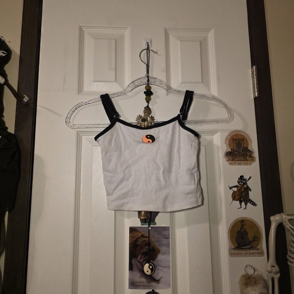 H&M White Cropped Tank Top with Black Trim and Orange Yin Yang Patch